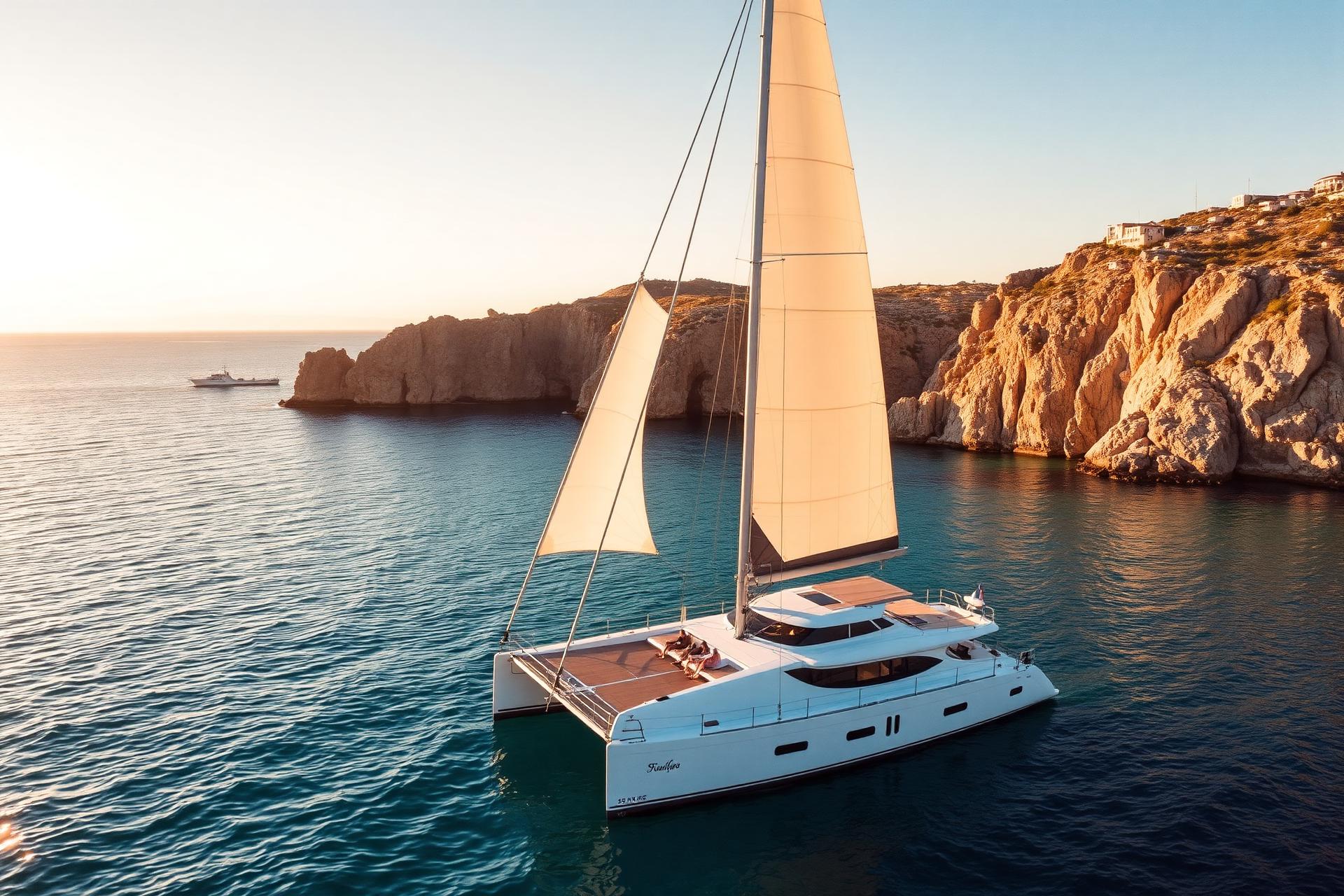 Catamaran de luxe Skipper Sud en croisière privée dans les Calanques de Marseille