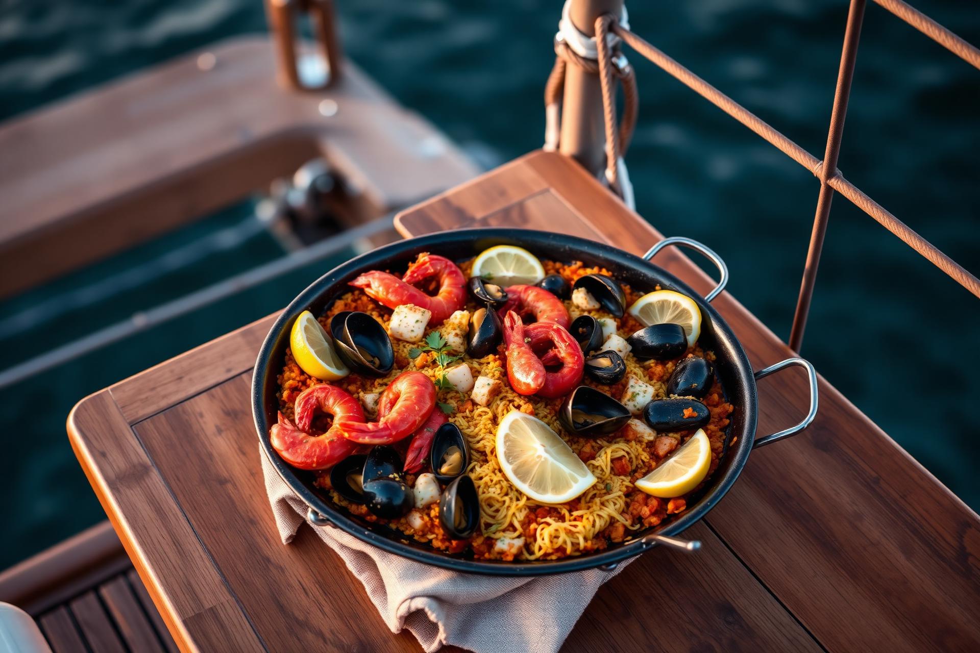Paëlla géante préparée par Skipper Sud à bord d'un catamaran à Marseille